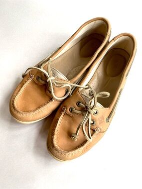 Sperry Tan Leather Boat Dock Shoes AngelFish Leather Cord Tie Women's 8